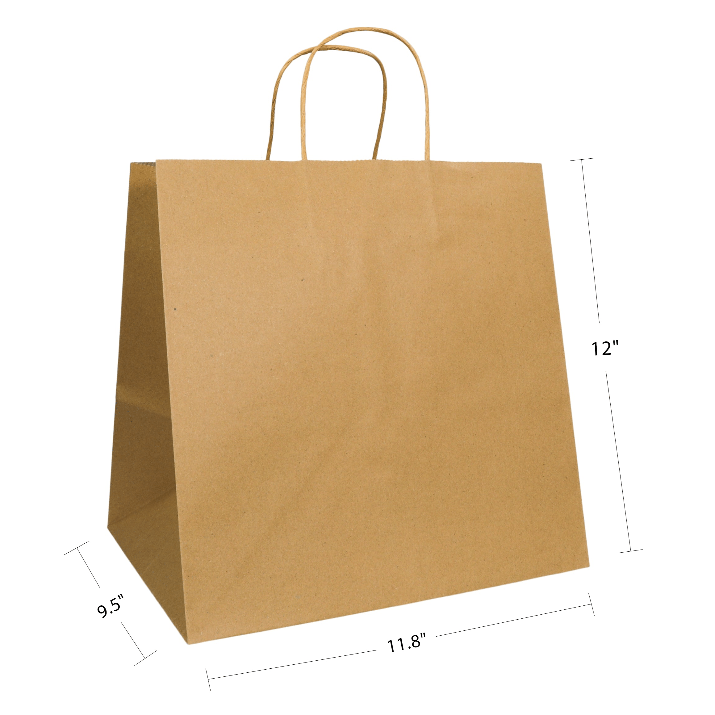 11.8" x 9.5" x 12" Natural Paper Shopping Bag with Handles (250 Pack)